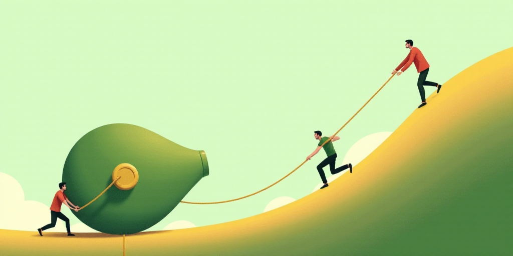 two people are trying to pull a large green object up a hill with a rope on it and a man is holding