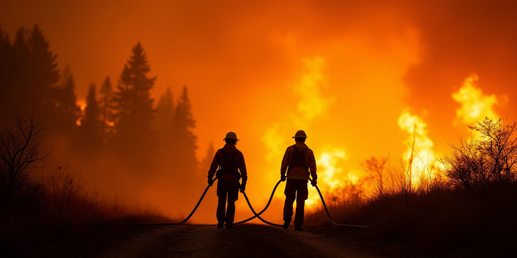 two people holding fire hoses in front of a fire filled sky with trees and bushes in the background,