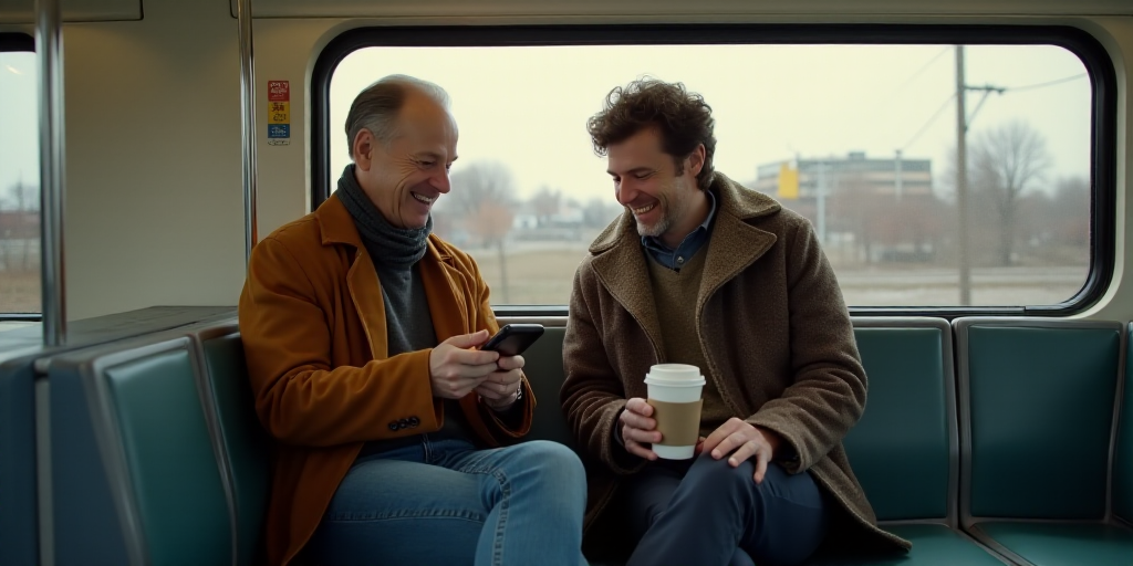 two people sitting on a train looking at a cell phone and smiling at each other while holding a cup