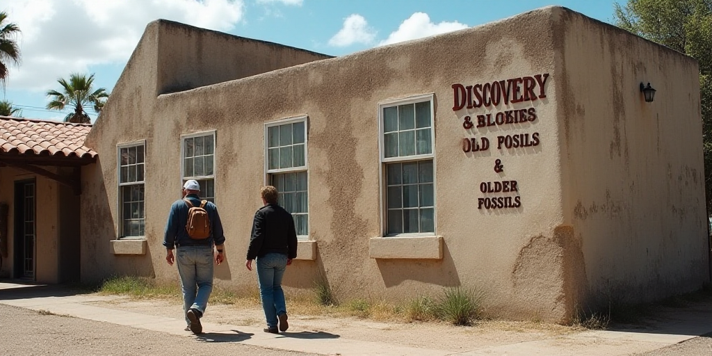 two people walking past a building with a sign on it's side that says discovery old fossils and olde