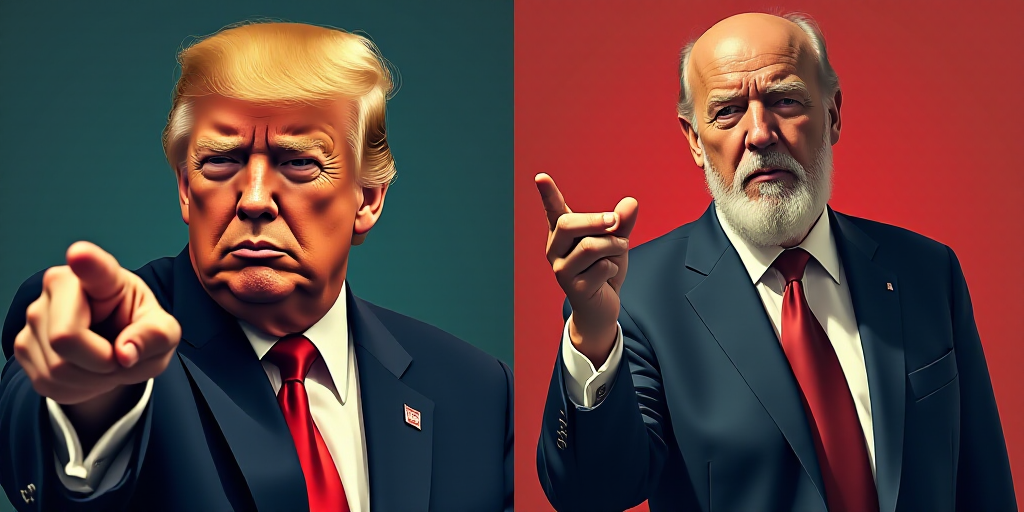 two pictures of donald trump and a man with a beard and a suit jacket and tie, one of which is point