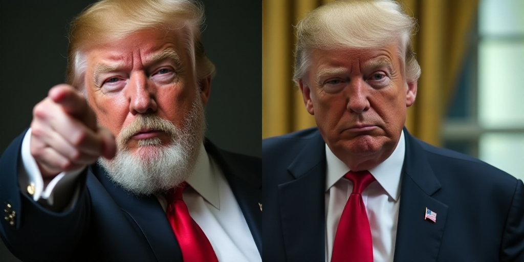 two pictures of donald trump and a man with a beard and a suit jacket and tie, one of which is point