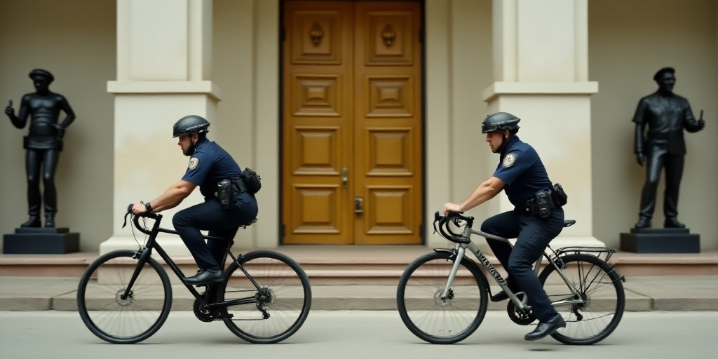 two police officers riding bikes in front of a building with a gold door and a statue on the side of