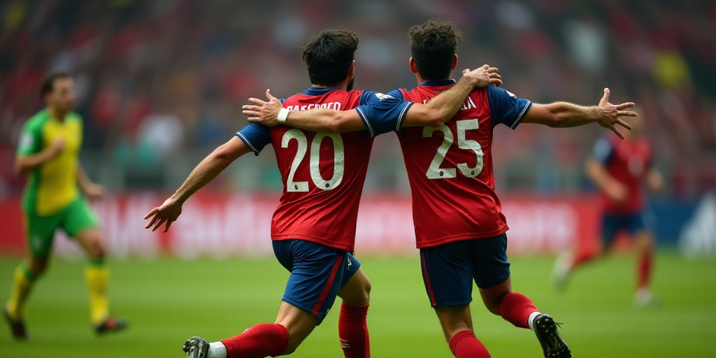 two soccer players are celebrating a goal with their arms around each other as they run towards the