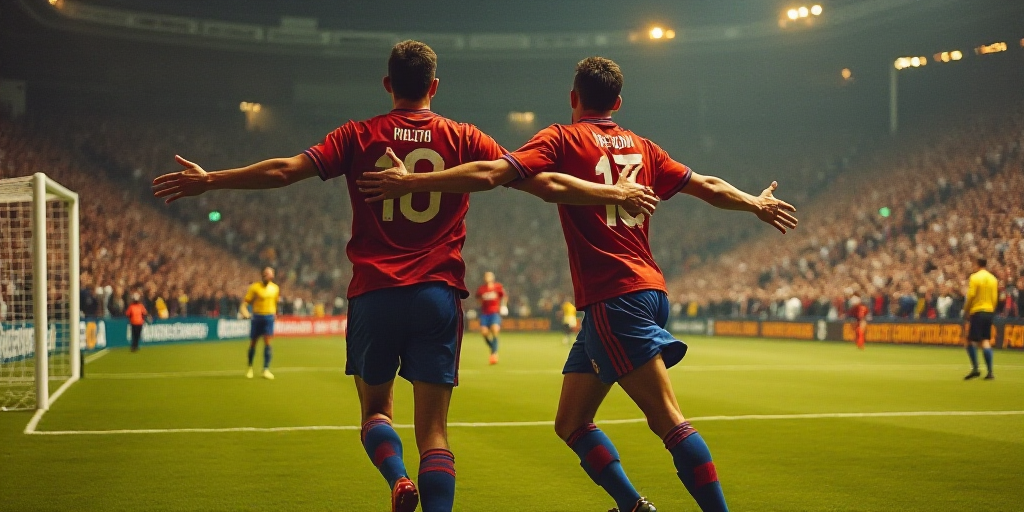 two soccer players are celebrating a goal with their arms around each other as they run towards the