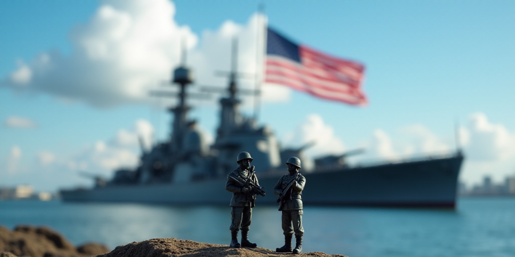 two toy soldiers are standing in front of a battleship and an american flag flying in the background