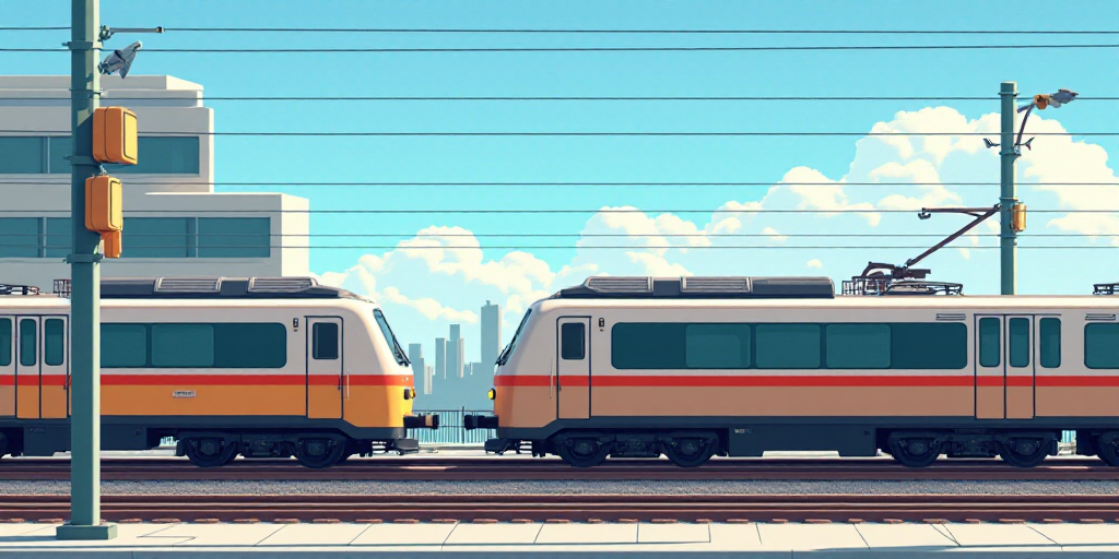 two trains are on the tracks near a building and a traffic light in the background with a blue sky,