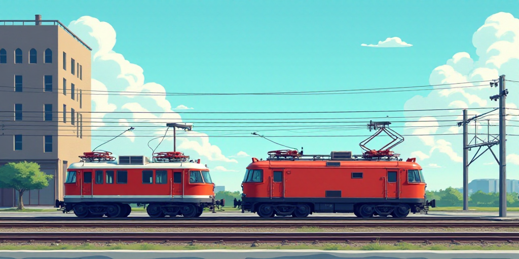 two trains are on the tracks near a building and a traffic light in the background with a blue sky,