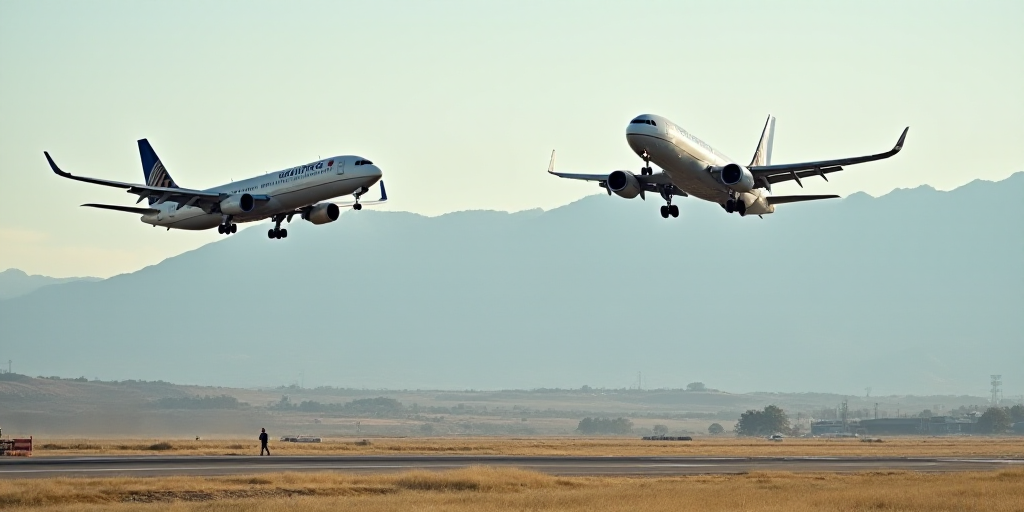 two united airlines planes are flying in the sky over a runway with a mountain in the background and