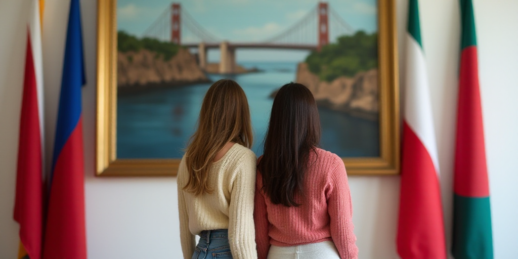 two women standing next to each other in front of flags and a painting of a bridge over water on the