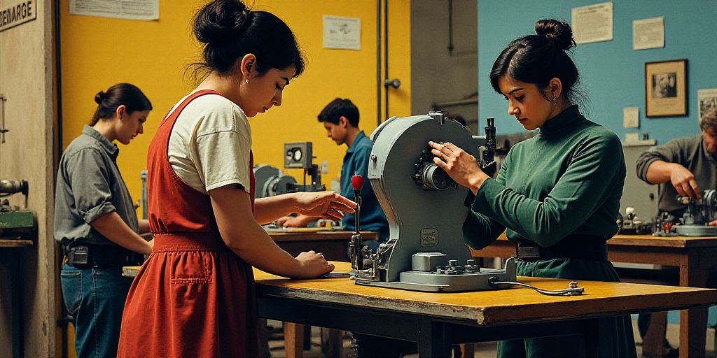 two women working on a machine in a factory with other workers nearby looking on and working on the