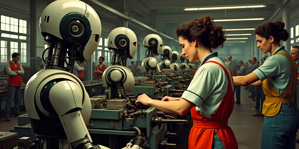 two women working on a machine in a factory with other workers nearby looking on and working on the