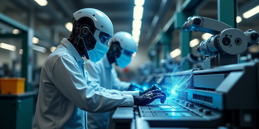 two workers are working on a machine in a factory with a protective mask on their head and a protect