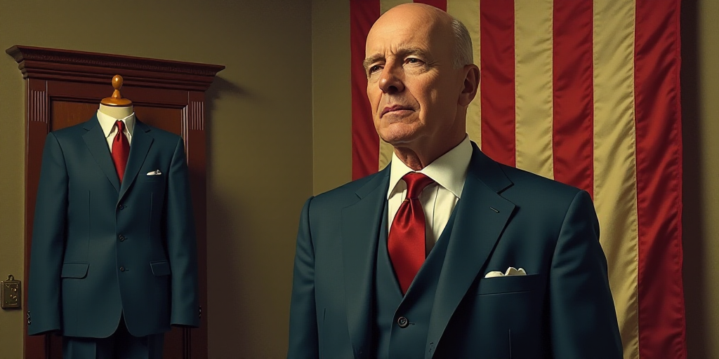 a bald man in a suit and tie standing in front of a flag and a coat on a coat rack, Americo Makk, ho