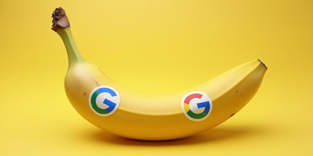 a banana with google stickers on it is shown in this image, it is a banana with a sticker on it, Ada