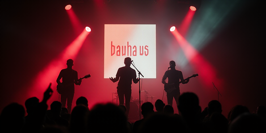 a band playing on stage with lights on and a screen in the background that says, the band is perform