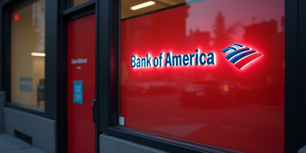 a bank of america sign is seen through a window with a red background and a red door with a blue sig