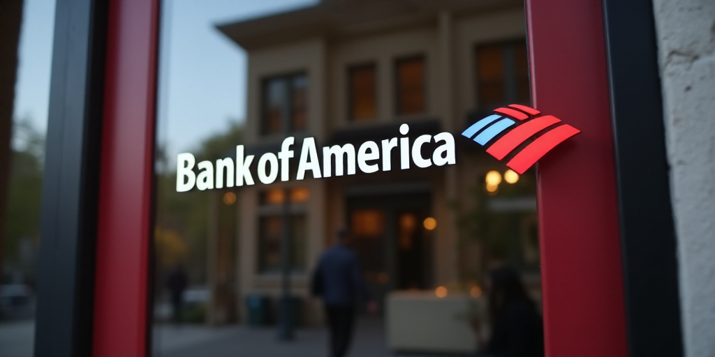 a bank of america sign is seen through a window with a reflection of a building in the background an