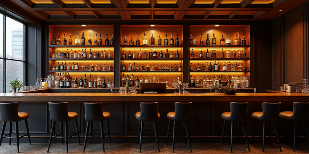a bar with a lot of bottles of alcohol on it and a lot of chairs around it with a wooden table, Cao