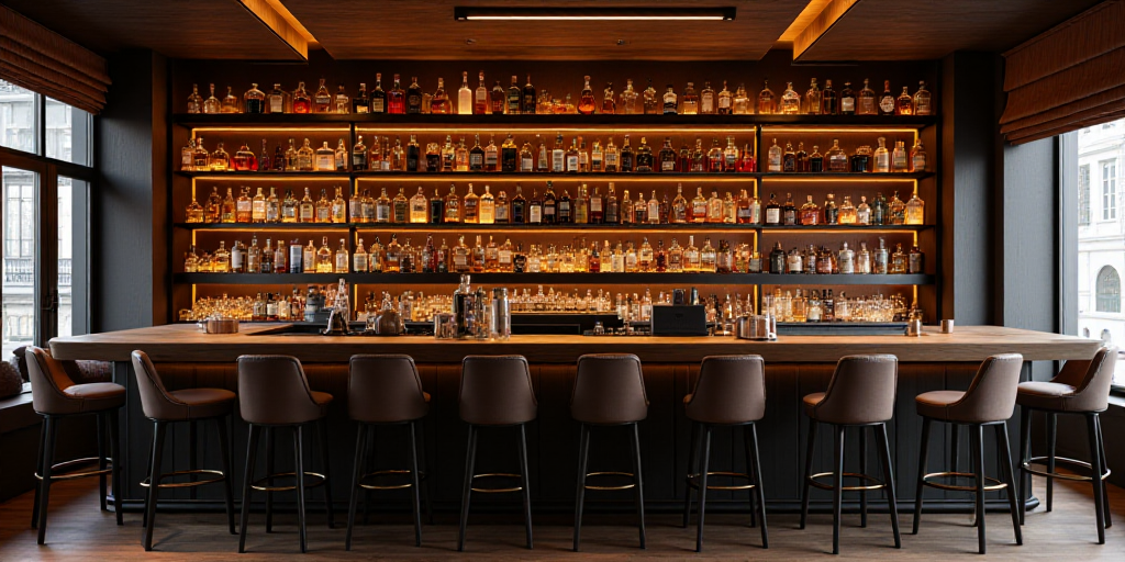a bar with a lot of bottles of alcohol on it and a lot of chairs around it with a wooden table, Cao