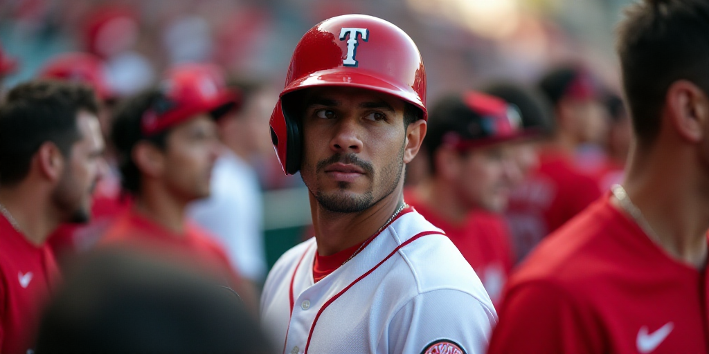 a baseball player is wearing a red helmet and is surrounded by other players and fans in the dugout,