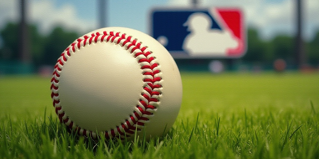 a baseball sitting on top of a lush green field of grass with the mlb logo in the background and a b