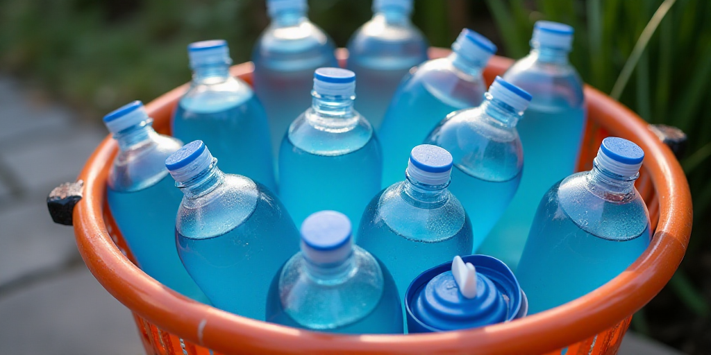 a basket full of plastic bottles filled with water and other things to drink from them, including a