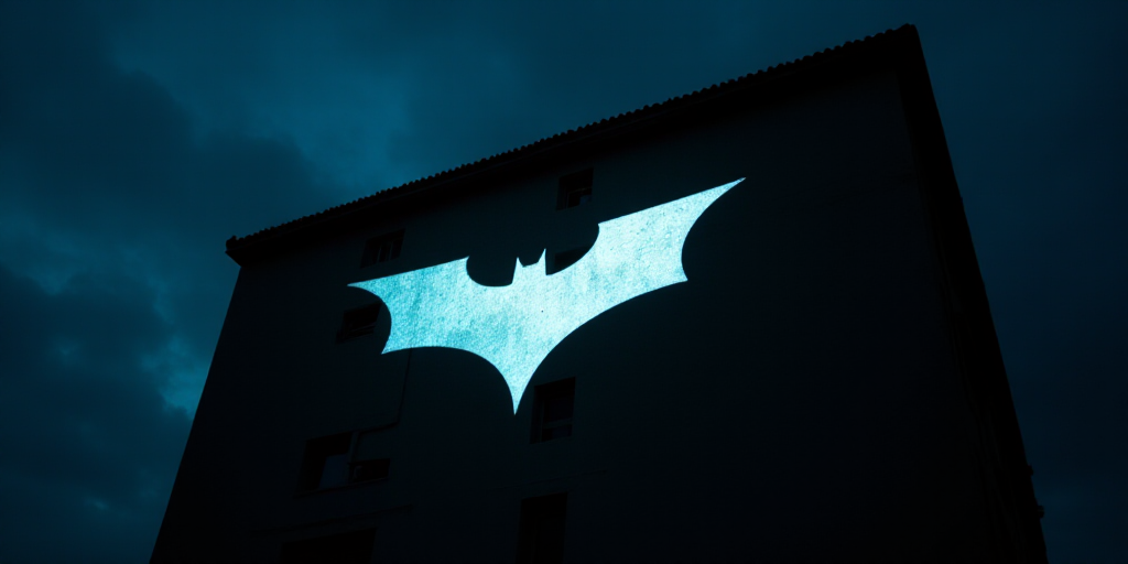 a batman logo is projected on the side of a building at night time, with a dark sky in the backgroun