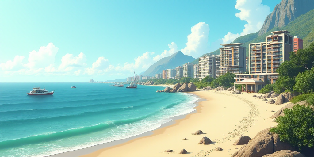a beach with a bunch of buildings next to it and a body of water in the background with a few boats