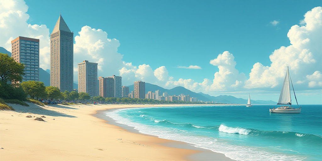 a beach with a bunch of buildings next to it and a body of water in the background with a few boats