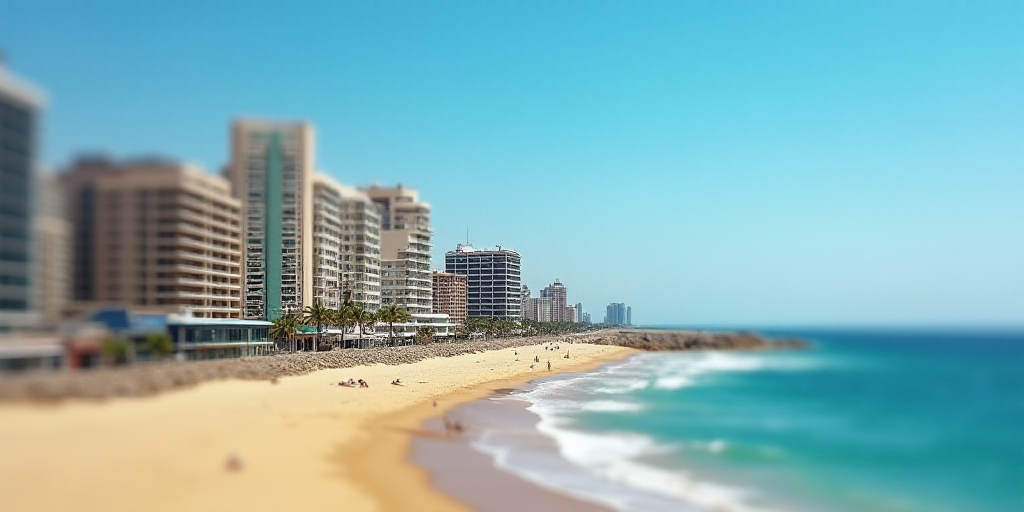 a beach with a bunch of buildings next to it and a body of water in the background with a blue sky,