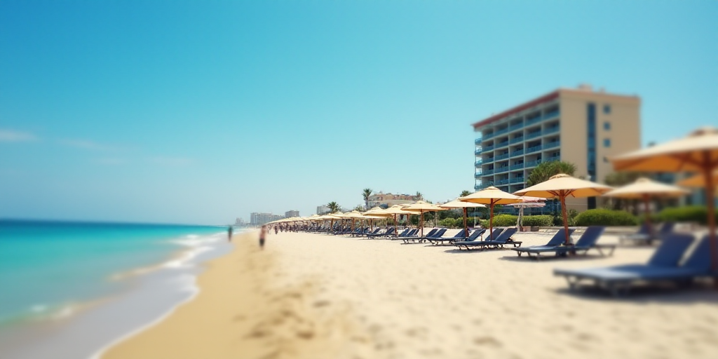 a beach with a bunch of umbrellas and chairs on it and a building in the background with a blue sky,