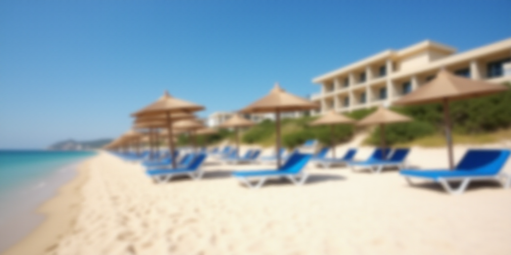 a beach with a bunch of umbrellas and chairs on it and a building in the background with a blue sky,