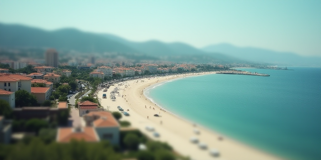 a beach with a city in the background and a body of water in the foreground with buildings on the sh