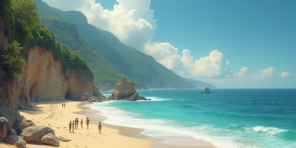 a beach with a cliff and a group of people standing on it next to the ocean and a cliff, Aquirax Uno