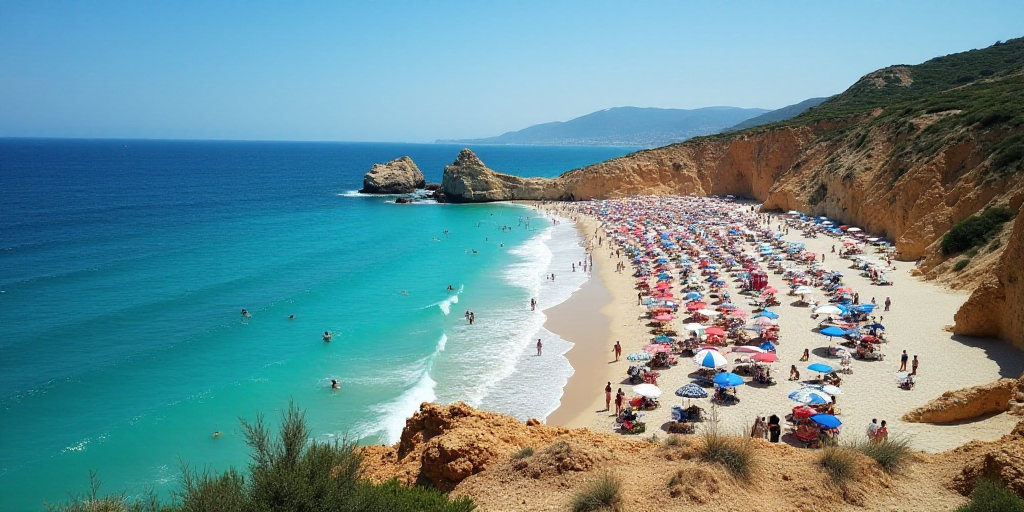 a beach with a lot of people on it and some umbrellas and chairs and people in the water, Aquirax Un