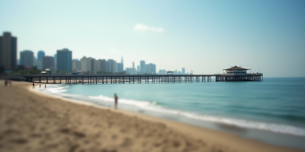 a beach with a pier and a city in the background and a body of water in the foreground, Dennis Ashba