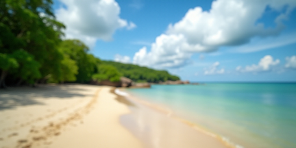 a beach with a sandy beach surrounded by green trees and water with a blue sky and clouds in the bac