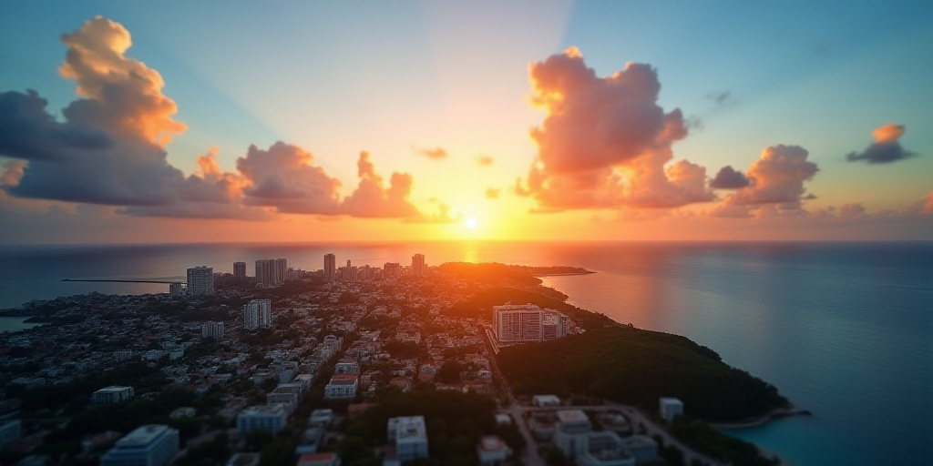 a beautiful sunset over a city on a tropical island in the ocean with a blue sky and clouds above, C