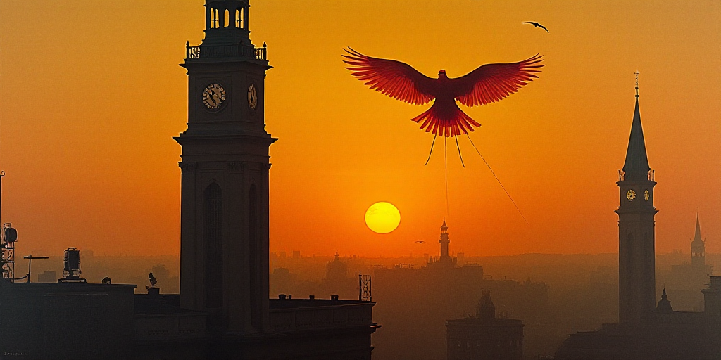 a bird flying over a tall building with a clock tower in the background at sunset or dawn with a bir