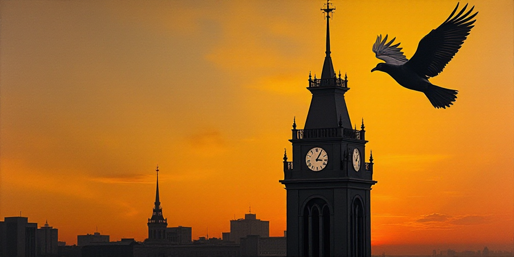 a bird flying over a tall building with a clock tower in the background at sunset or dawn with a bir