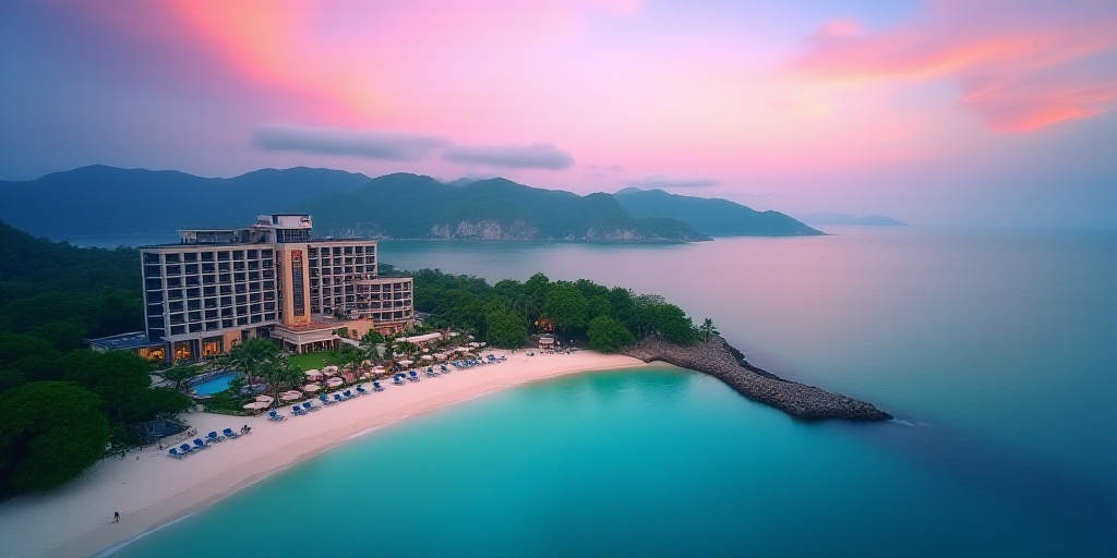 a bird's eye view of a beach resort and resort in the ocean with a colorful sky in the background, C