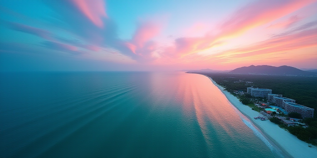 a bird's eye view of a beach resort and resort in the ocean with a colorful sky in the background, C