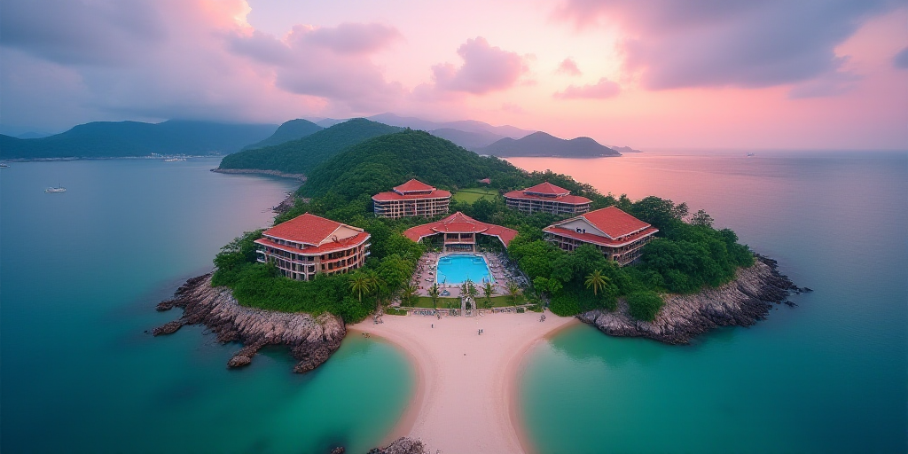 a bird's eye view of a beach resort and resort in the ocean with a colorful sky in the background, C