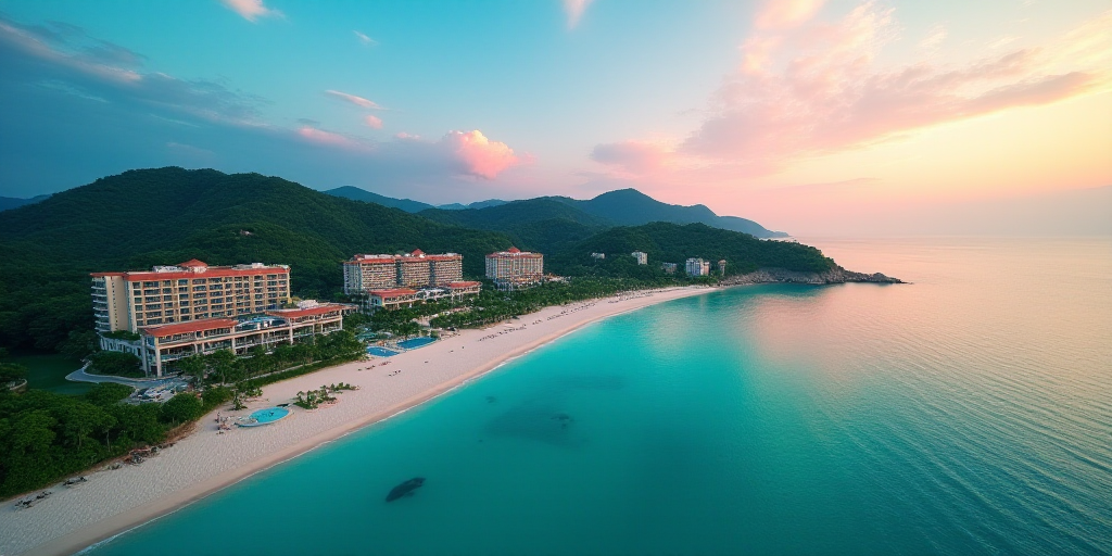 a bird's eye view of a beach resort and resort in the ocean with a colorful sky in the background, C