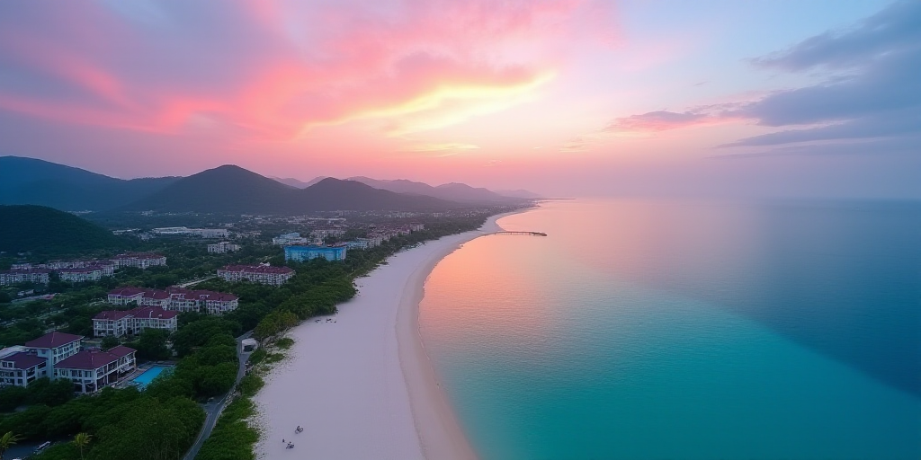 a bird's eye view of a beach resort and resort in the ocean with a colorful sky in the background, C