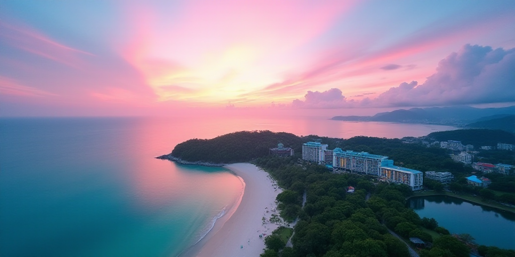 a bird's eye view of a beach resort and resort in the ocean with a colorful sky in the background, C