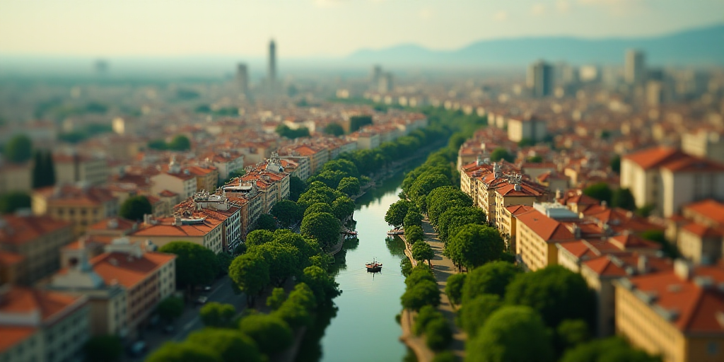 a bird's eye view of a city with lots of buildings and trees in the foreground and a river running t