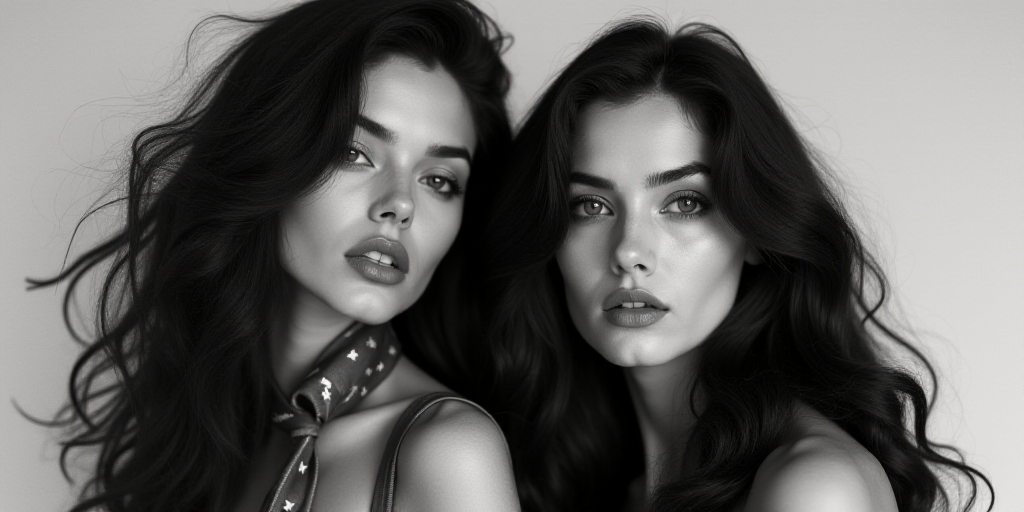 a black and white photo of two women with long hair and one has a tie on her neck and the other has