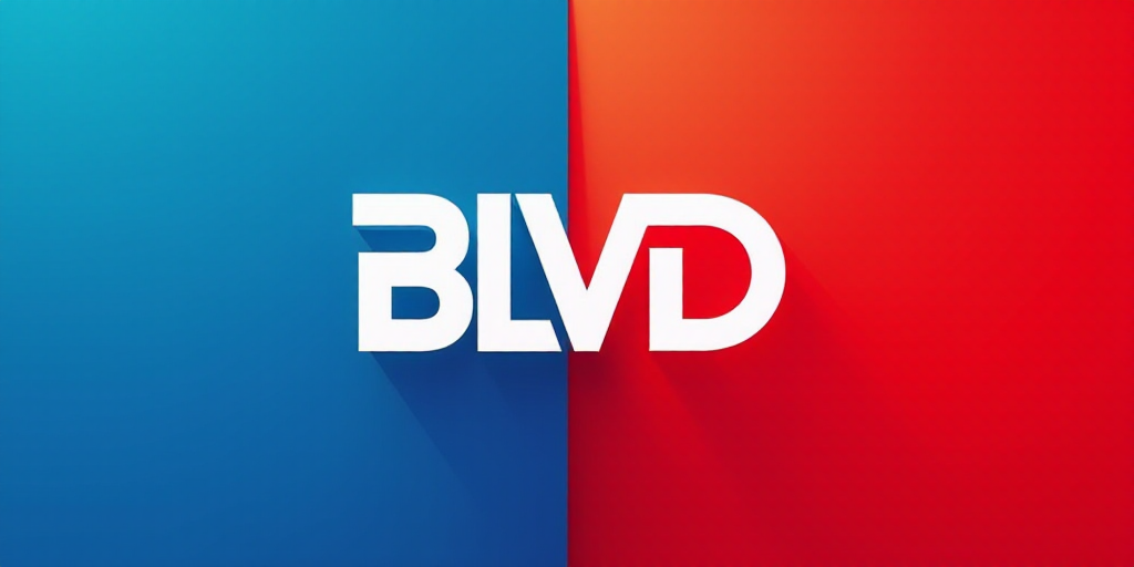 a blue and red background with a white blvd logo and a red and blue background with a white blvd log